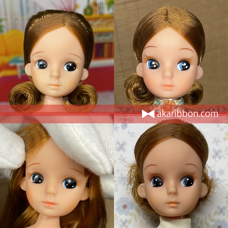 2代目リカちゃんの顔バリエーション比較画像。中期リカちゃん2種とファッションペアリカちゃんを並べ、表情や造形の違いが視覚的にわかる構成。困り顔リカちゃんの特異性を強調。
