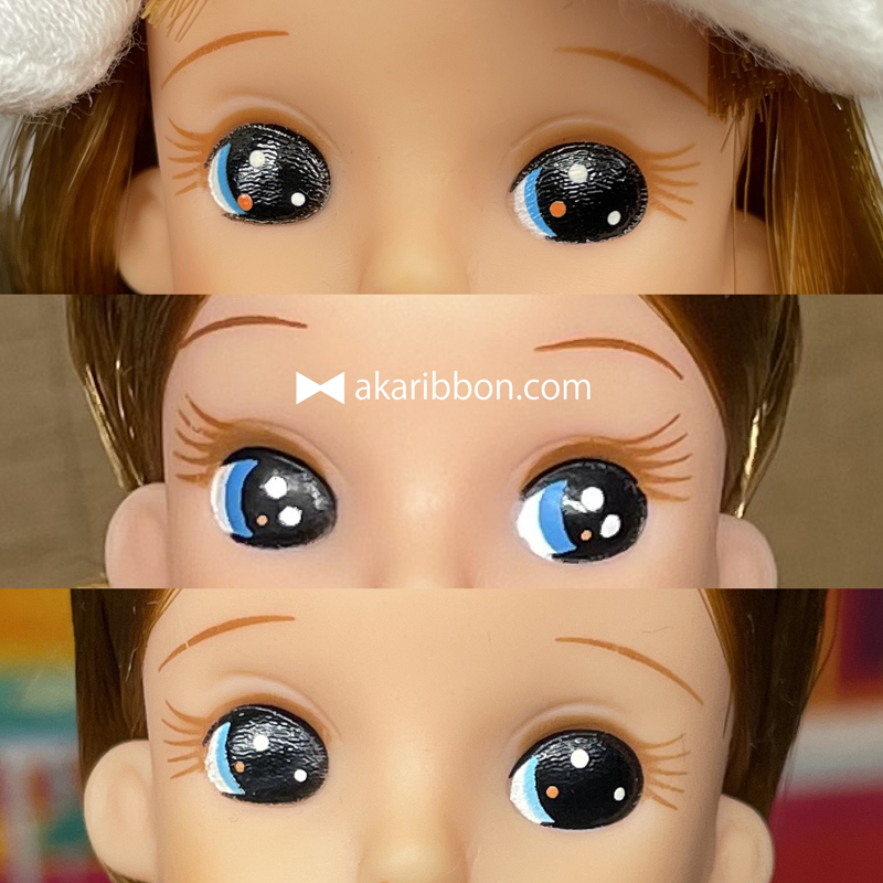 リカちゃんの目元の比較画像。困り顔リカちゃんと中期2代目リカちゃんの目を拡大し、白目の量・黒目の大きさ・眉毛の角度の違いを細かく観察できる資料的構成。