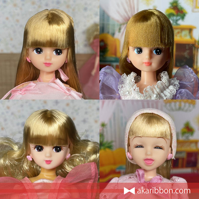 狭間のリカちゃんと4代目リカちゃん・スマイルリカちゃん・ピンキーピンクリカちゃんを正面から比較した画像